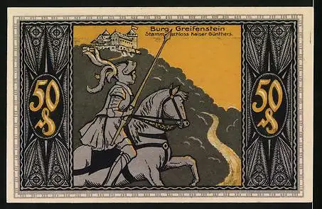 Notgeld Bad Blankenburg /Thür. 1921, 50 Pfennig, Die Thüringer nehmen Abschied vom sterbenden Kaiser, Burg Greifenstein