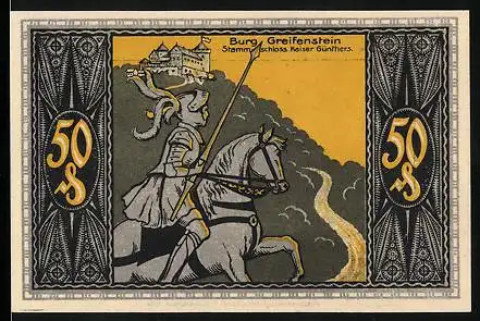 Notgeld Bad Blankenburg /Thür. 1921, 50 Pfennig, Burg Greifenstein, Die Wahl Graf Günther zum Deutschen Kaiser