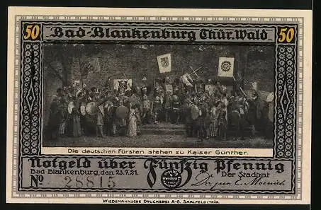 Notgeld Bad Blankenburg /Thür. 1921, 50 Pfennig, Burg Greifenstein, Die deutschen Fürsten stehen zu Kaiser Günther