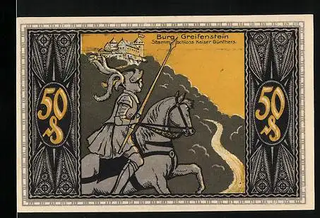 Notgeld Bad Blankenburg /Thür. 1921, 50 Pfennig, Burg Greifenstein, Der Kaiser ist meuchlings vergiftet
