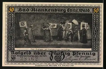 Notgeld Bad Blankenburg /Thür. 1921, 50 Pfennig, Burg Greifenstein, Der Kaiser ist meuchlings vergiftet