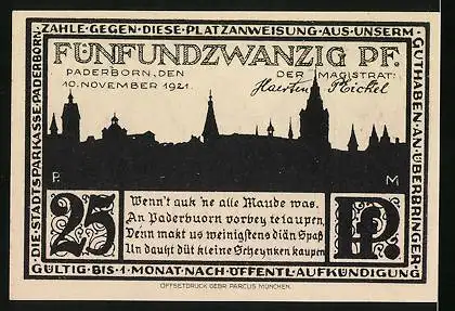 Notgeld Paderborn 1921, 25 Pfennig, Die Kisau und Ortsansicht