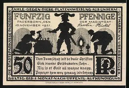 Notgeld Paderborn 1921, 50 Pfennig, Friedhof des Domes, Diebe am Domschatz
