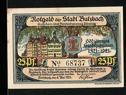 Notgeld Butzbach 1921, 25 Pfennig, 600 jähriges Stadtjubiläum 1321-1921 mit Wappen, Älterer Mann mit Frauen in Tracht