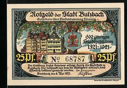 Notgeld Butzbach 1921, 25 Pfennig, 600 jähriges Stadtjubiläum 1321-1921 mit Wappen, Älterer Mann mit Frauen in Tracht