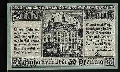 Notgeld Neuss 1919, 50 Pfennig, Rathaus, Wappen