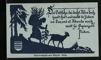 Notgeld Nöschenrode 1921, 50 Pfennig, Frau mit Ziege als Scherenschnitt