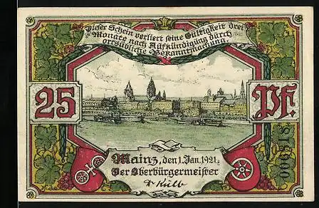 Notgeld Mainz 1921, 25 Pfennig, Stadtansicht und Dom mit Wappen