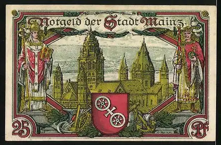 Notgeld Mainz 1921, 25 Pfennig, Stadtansicht und Dom mit Wappen