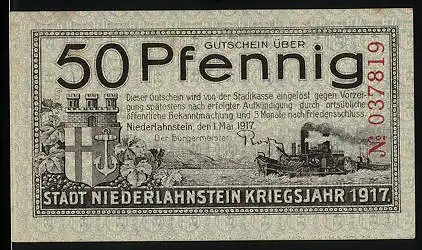 Notgeld Niederlahnstein 1917, 50 Pfennig, Wappen und Dampfschiff, Kirche
