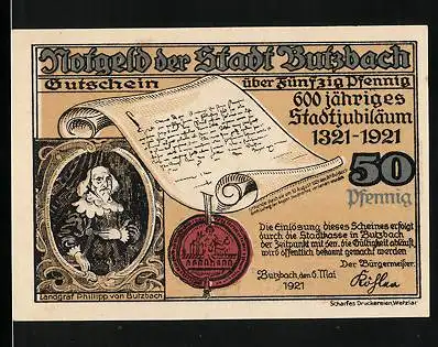 Notgeld Butzbach 1921, 50 Pfennig, 600 jähriges Stadtjubiläum 1321-1921, Landgräfl. Rechnei i. 18. Jahrhundert, Wappen