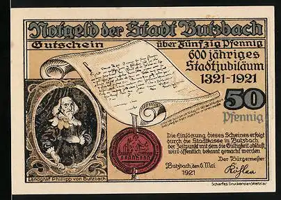 Notgeld Butzbach 1921, 50 Pfennig, 600 jähriges Stadtjubiläum 1321-1921, Marktplatz i. 20. Jahrhundert, Wappen