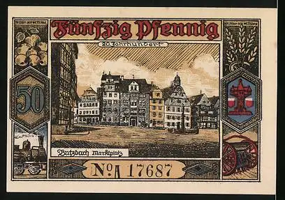 Notgeld Butzbach 1921, 50 Pfennig, 600 jähriges Stadtjubiläum 1321-1921, Marktplatz i. 20. Jahrhundert, Wappen