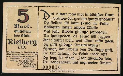 Notgeld Rietberg i. W. 1921, 5 Mark, Rettung des Schlosses Eden aus grosser Belagerungsnot