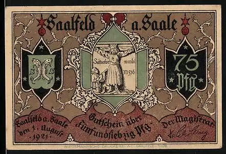 Notgeld Saalfeld a. Saale 1921, 75 Pfennig, St. Gehilfenbild (salvator mundi), Bettelmönch vor der Andreaskirche