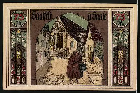 Notgeld Saalfeld a. Saale 1921, 75 Pfennig, St. Gehilfenbild (salvator mundi), Bettelmönch vor der Andreaskirche