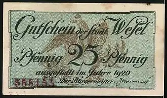 Notgeld Wesel 1919, 25 Pfennig, Adler trägt Wappen, Berliner Tor