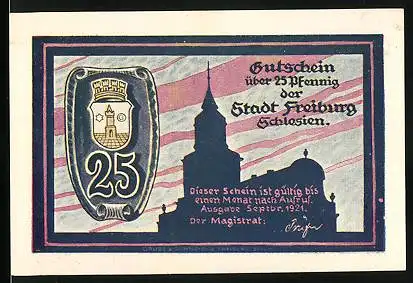 Notgeld Freiburg i. Schlesien 1921, 25 PfennigKirche und Wappen, Frau am Spinnrad, Mann am Webstuhl