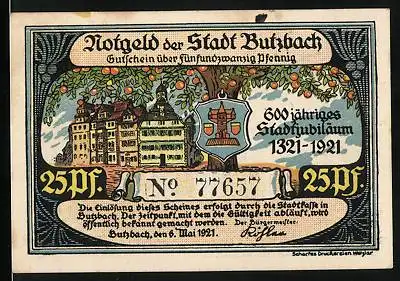 Notgeld Butzbach 1921, 25 Pfennig, 600 jähriges Stadtjubiläum 1321-1921 mit Wappen, Älterer Mann mit Frauen in Tracht