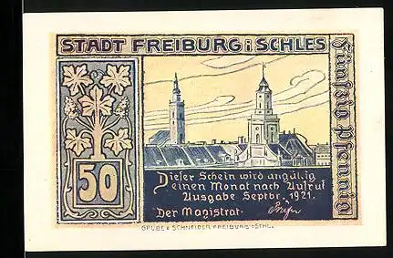 Notgeld Freiburg in Schlesien 1921, 50 Pfennig, Teilansicht mit Kirchen, Burghof der alten Burg