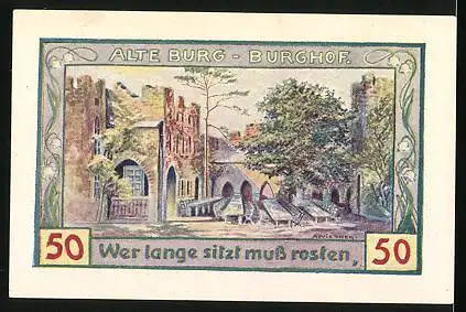Notgeld Freiburg in Schlesien 1921, 50 Pfennig, Teilansicht mit Kirchen, Burghof der alten Burg