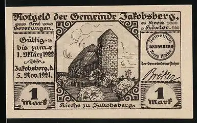 Notgeld Jakobsberg 1921, 1 Mark, Ortskirche und Jakobsbrunnen