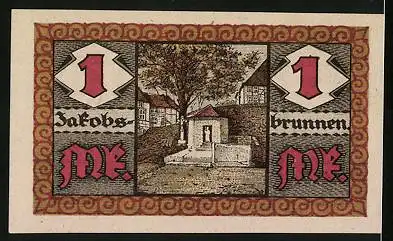 Notgeld Jakobsberg 1921, 1 Mark, Ortskirche und Jakobsbrunnen