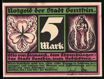 Notgeld Genthin 1921, 5 Mark, Heiligenbild und Bismarck, dem Ehrenbürger der Stadt