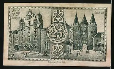 Notgeld Goch 1921, 25 Pfennig, Rathaus, Haus Zu den fünf Ringen, Steintor