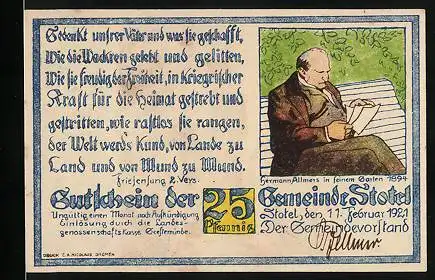 Notgeld Stotel 1921, 25 Pfennig, Hermann Allmers auf der Bank in seinem Garten 1894, Bürgerkrieg