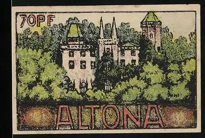 Notgeld Altona 1921, 70 Pfennig, Schloss im Wald, Tor mit drei Türmen