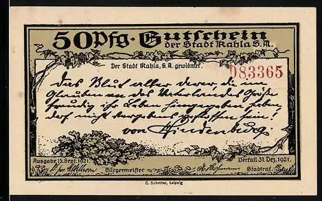 Notgeld Kahla S. A. 1921, 50 Pfennig, Zum Ehrenmal umgebildete Leuchtenburg