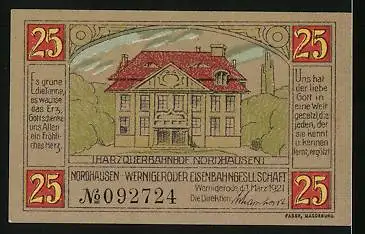 Notgeld Wernigerode 1921, 25 Pfennig, Harzquerbahnhof Wernigerode und Harzquerbahnhof Nordhausen