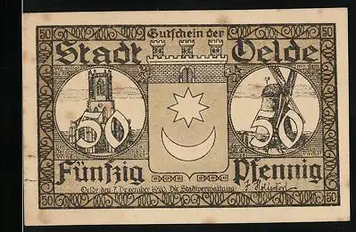 Notgeld Oelde 1920, 50 Pfennig, Wappen mit Kirche und Windmühle, Tanz um den Oelder Pfingstenkranz