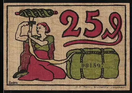 Notgeld Blumenthal i. H. 1921, 25 Pfennig, Frau wickelt Garn auf, Arbeiter vor Krähnen