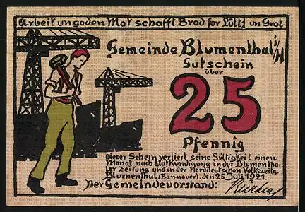 Notgeld Blumenthal i. H. 1921, 25 Pfennig, Frau wickelt Garn auf, Arbeiter vor Krähnen