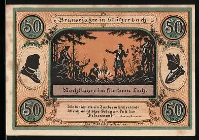 Notgeld Stützerbach W. A. 1921, 50 Pfennig, Nachtlager im finsteren Loch, Jagdschloss 1735, Goethezimmer