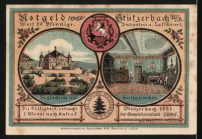 Notgeld Stützerbach W. A. 1921, 50 Pfennig, Nachtlager im finsteren Loch, Jagdschloss 1735, Goethezimmer