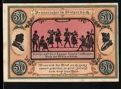 Notgeld Stützerbach W. A. 1921, 50 Pfennig, Goethe u. Karl August tanzen im Weissen Ross, Jagdschloss, Goethezimmer