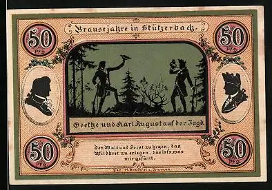 Notgeld Stützerbach W. A. 1921, 50 Pfennig, Goethe u. Karl August auf der Jagd, Jagdschloss 1735, Goethezimmer