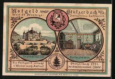 Notgeld Stützerbach W. A. 1921, 50 Pfennig, Goethe u. Karl August auf der Jagd, Jagdschloss 1735, Goethezimmer