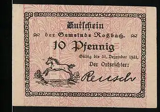 Notgeld Rossbach 1921, 10 Pfennig, Pferd sprigt über einen Wassergraben