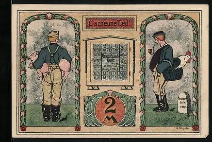 Notgeld Tonndorf-Lohe 1921, 2 Mark, Mann mit Hahn und Mann mit Ferkeln und Reichsfleischkarte