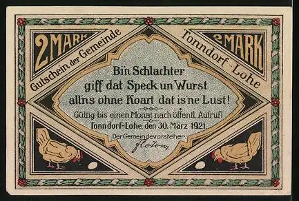 Notgeld Tonndorf-Lohe 1921, 2 Mark, Mann mit Hahn und Mann mit Ferkeln und Reichsfleischkarte