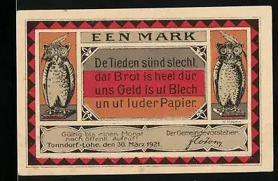 Notgeld Tonndorf-Lohe 1921, 1 Mark, Eulen uns Staatssäckel