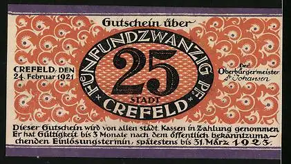 Notgeld Crefeld 1923, 25 Pfennig, Stadtansicht