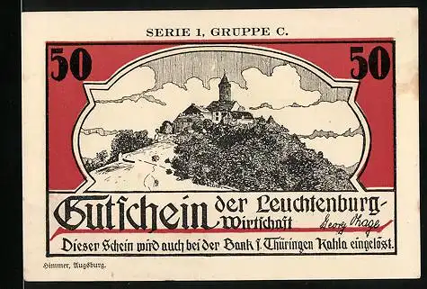 Notgeld Kahla i. Thüringen, 50 Pfennig, Blick zur Leuchtenburg-Wirtschaft, Walpurgisnacht