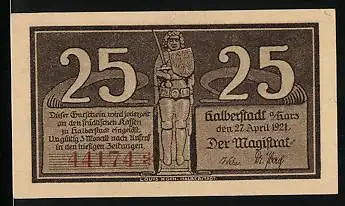 Notgeld Halberstadt a. H. 1921, 25 Pfennig, Krieger und Buko von Halberstadt