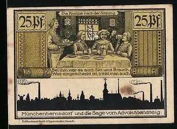 Notgeld Münchenbernsdorf 1921, 25 Pfennig, Die Kneipe n. d. Sitzung, Ortsansicht u. d. Sage v. Advokatensteig, der Mönch