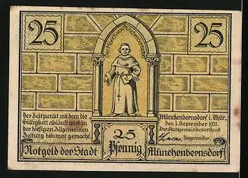 Notgeld Münchenbernsdorf 1921, 25 Pfennig, Die Kneipe n. d. Sitzung, Ortsansicht u. d. Sage v. Advokatensteig, der Mönch